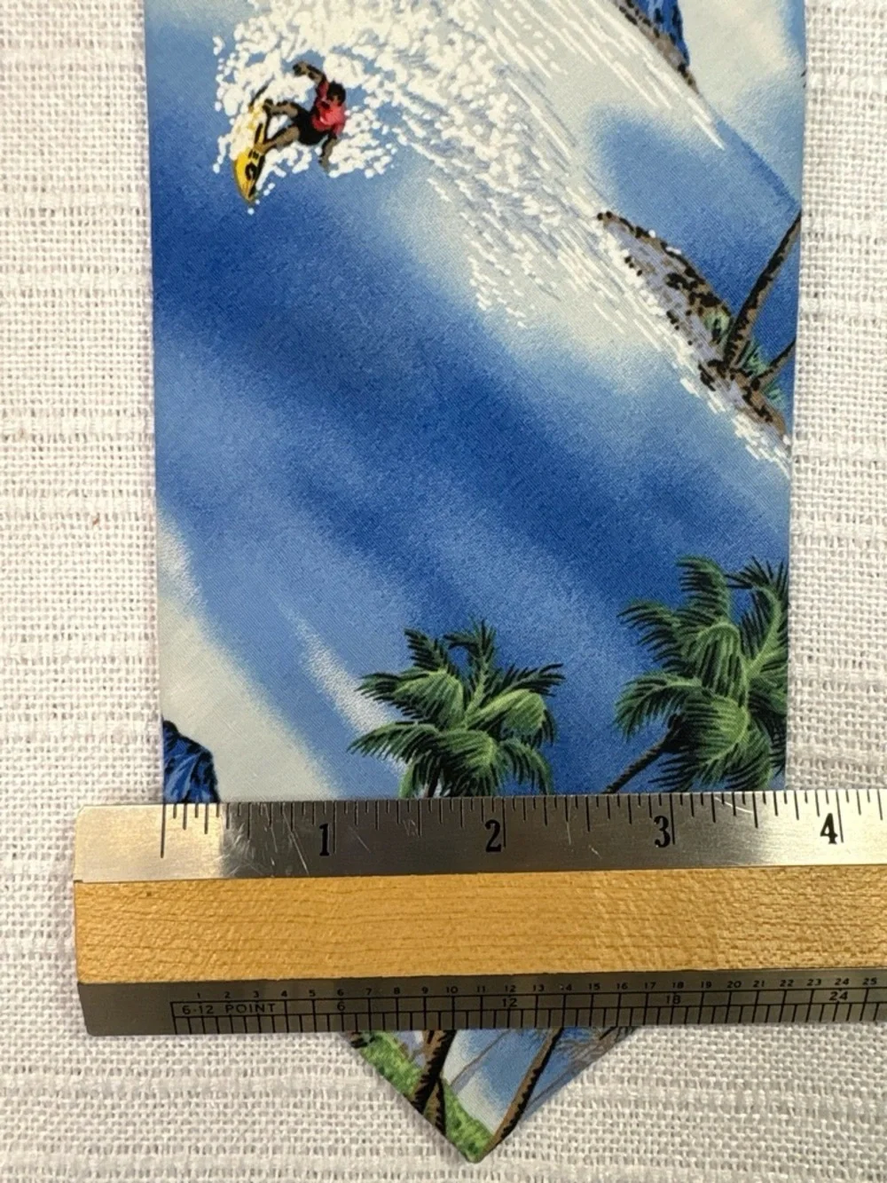 Pacific Legend Hawaiian Necktie Blue Surfing Palm Trees Cotton OS EUC